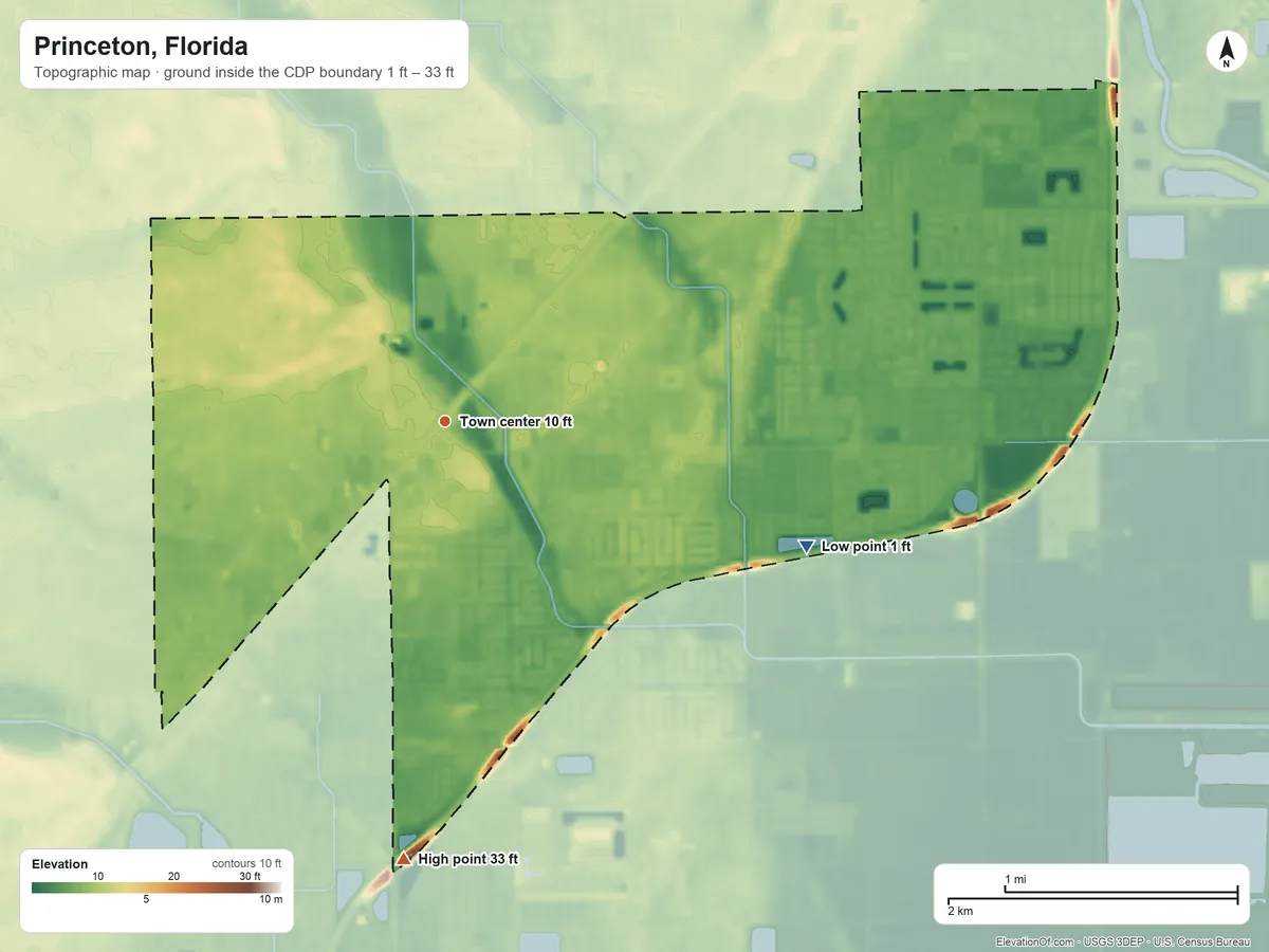 Topographic elevation map of Princeton, Florida, shaded from 1 ft on the east side to 33 ft on the south side