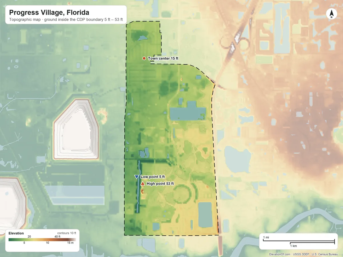 Topographic elevation map of Progress Village, Florida, shaded from 5 ft on the south side to 53 ft on the south side
