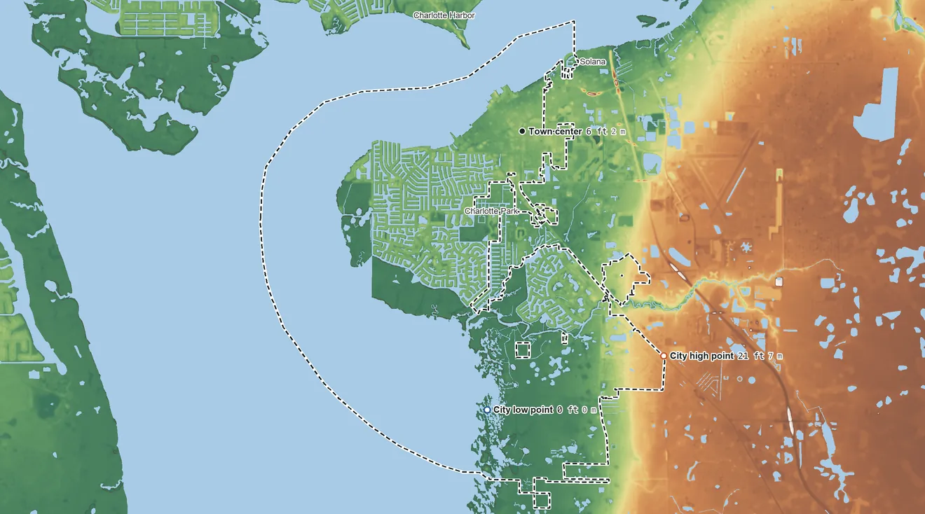 Topographic elevation map of Punta Gorda, Florida, shaded from sea level level on the Buchan Pass to 21 ft on the southeast side