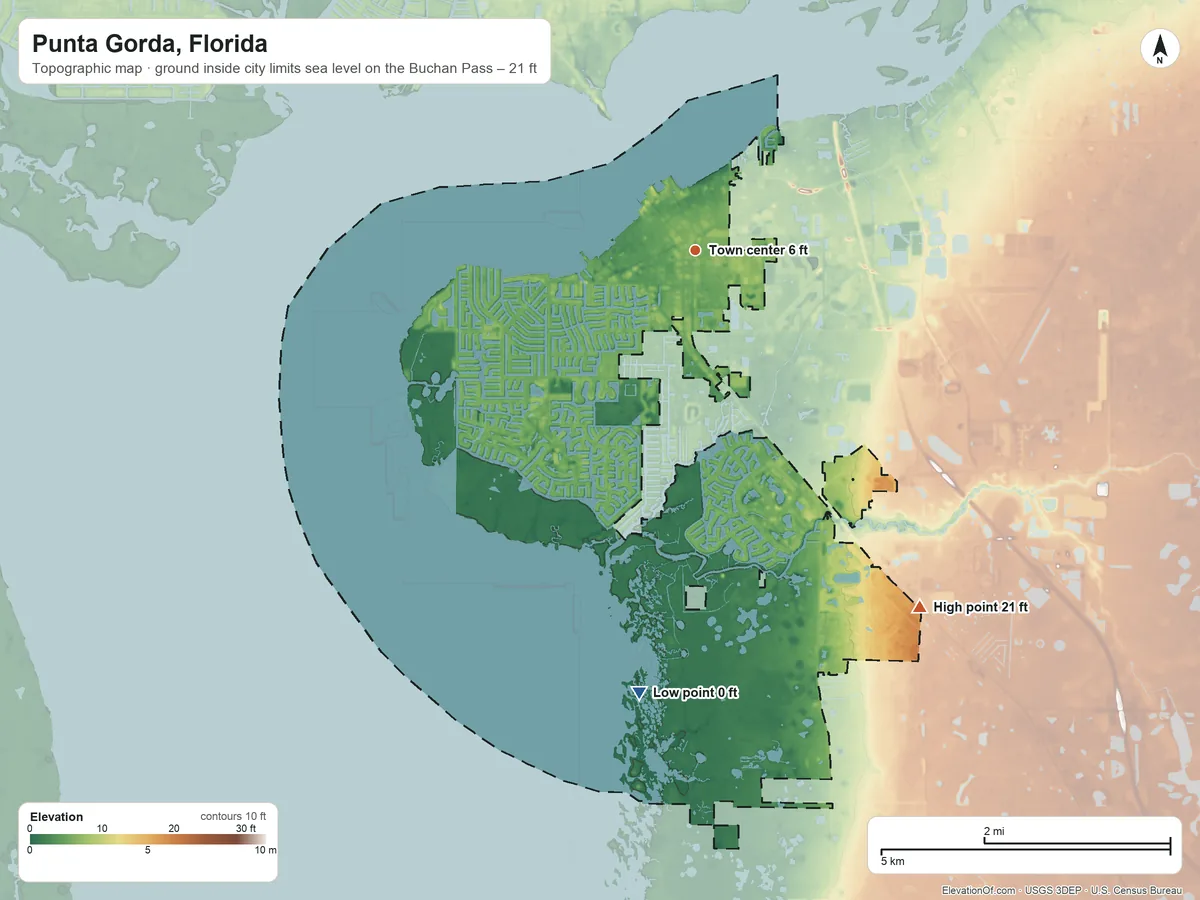 Topographic elevation map of Punta Gorda, Florida, shaded from sea level level on the Buchan Pass to 21 ft on the southeast side