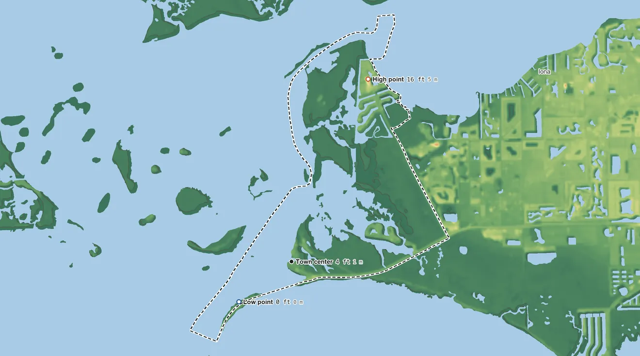 Topographic elevation map of Punta Rassa, Florida, shaded from sea level level on San Carlos Bay to 16 ft on the northeast side