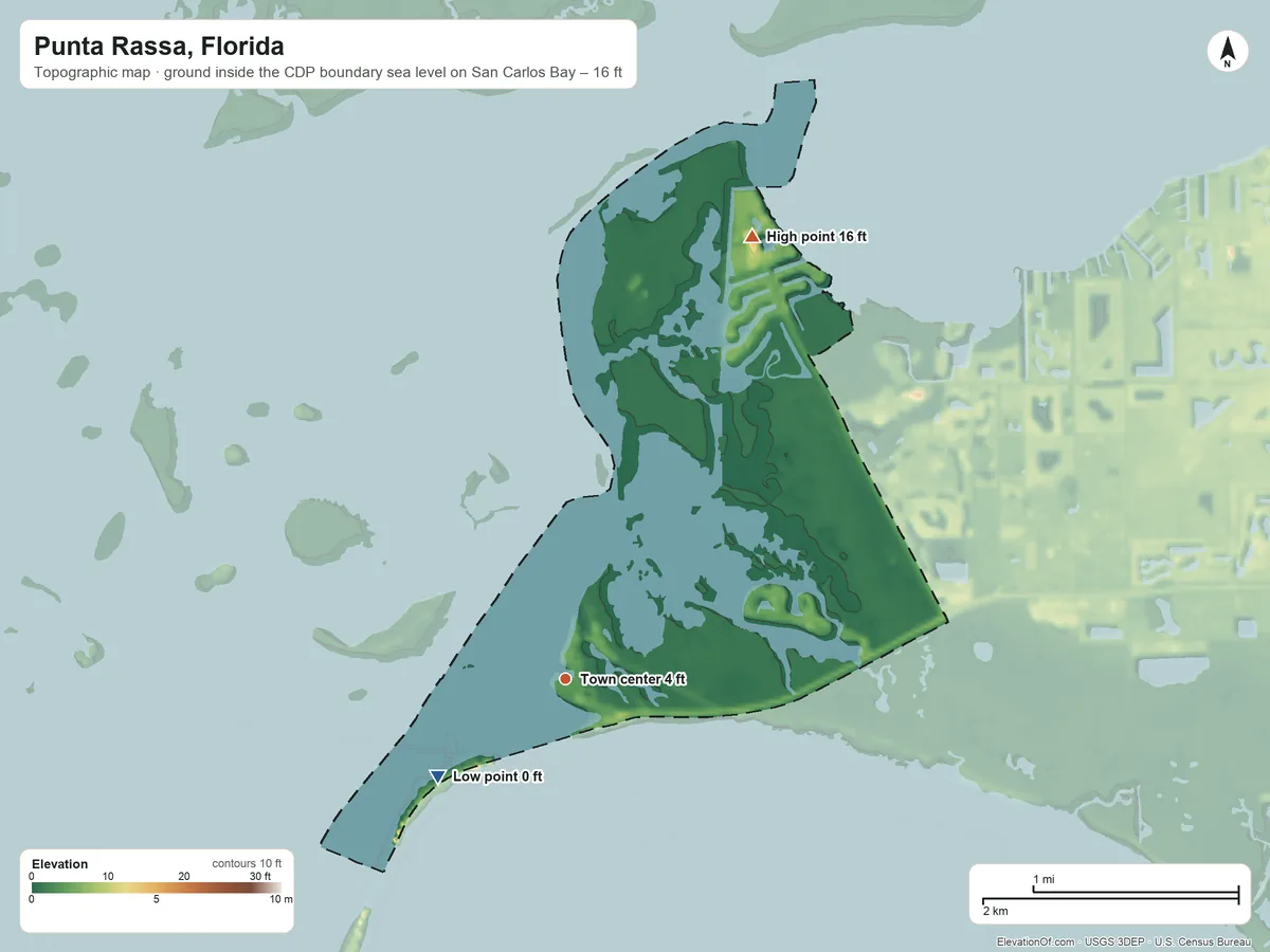 Topographic elevation map of Punta Rassa, Florida, shaded from sea level level on San Carlos Bay to 16 ft on the northeast side