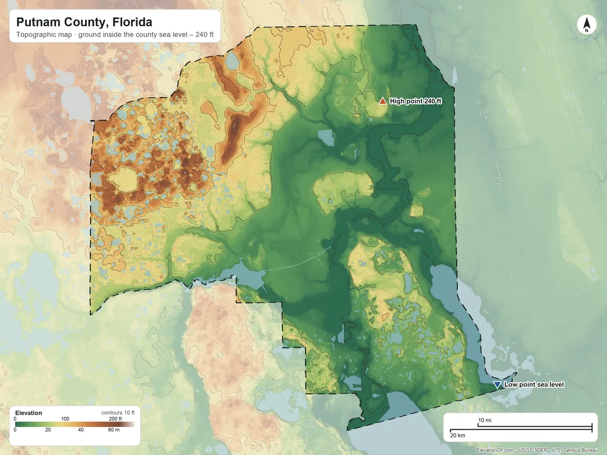 Topographic elevation map of Putnam County, Florida, shaded from sea level on Green Bay to 240 ft on the northeast side