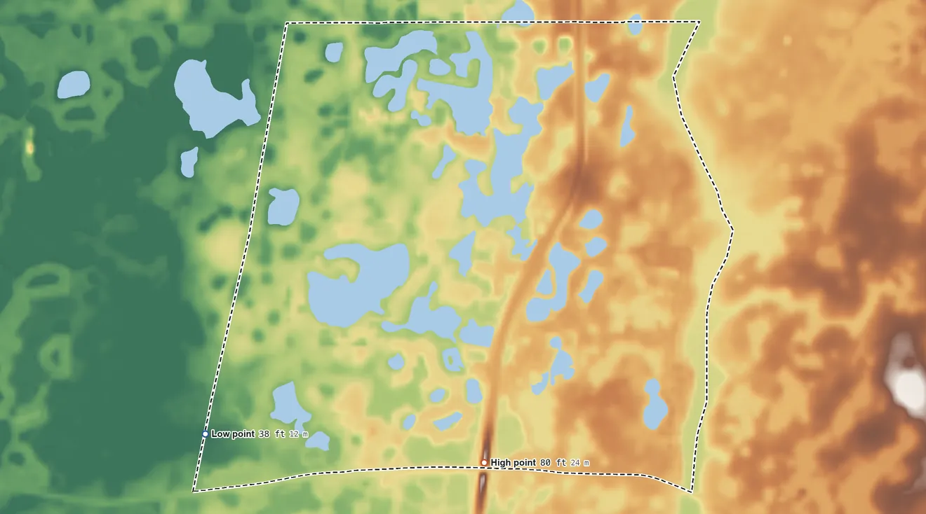 Topographic elevation map of Quail Ridge, Florida, shaded from 38 ft on the southwest side to 80 ft on the south side