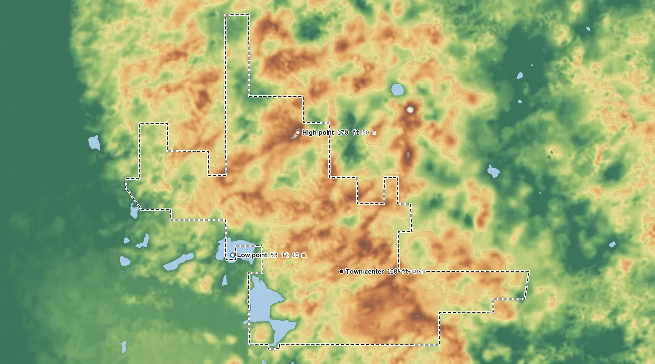 Topographic elevation map of Rainbow Lakes Estates, Florida, shaded from 53 ft on the west side to 170 ft on the north side