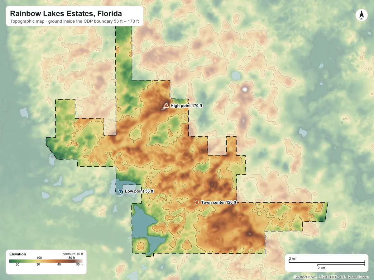 Topographic elevation map of Rainbow Lakes Estates, Florida, shaded from 53 ft on the west side to 170 ft on the north side