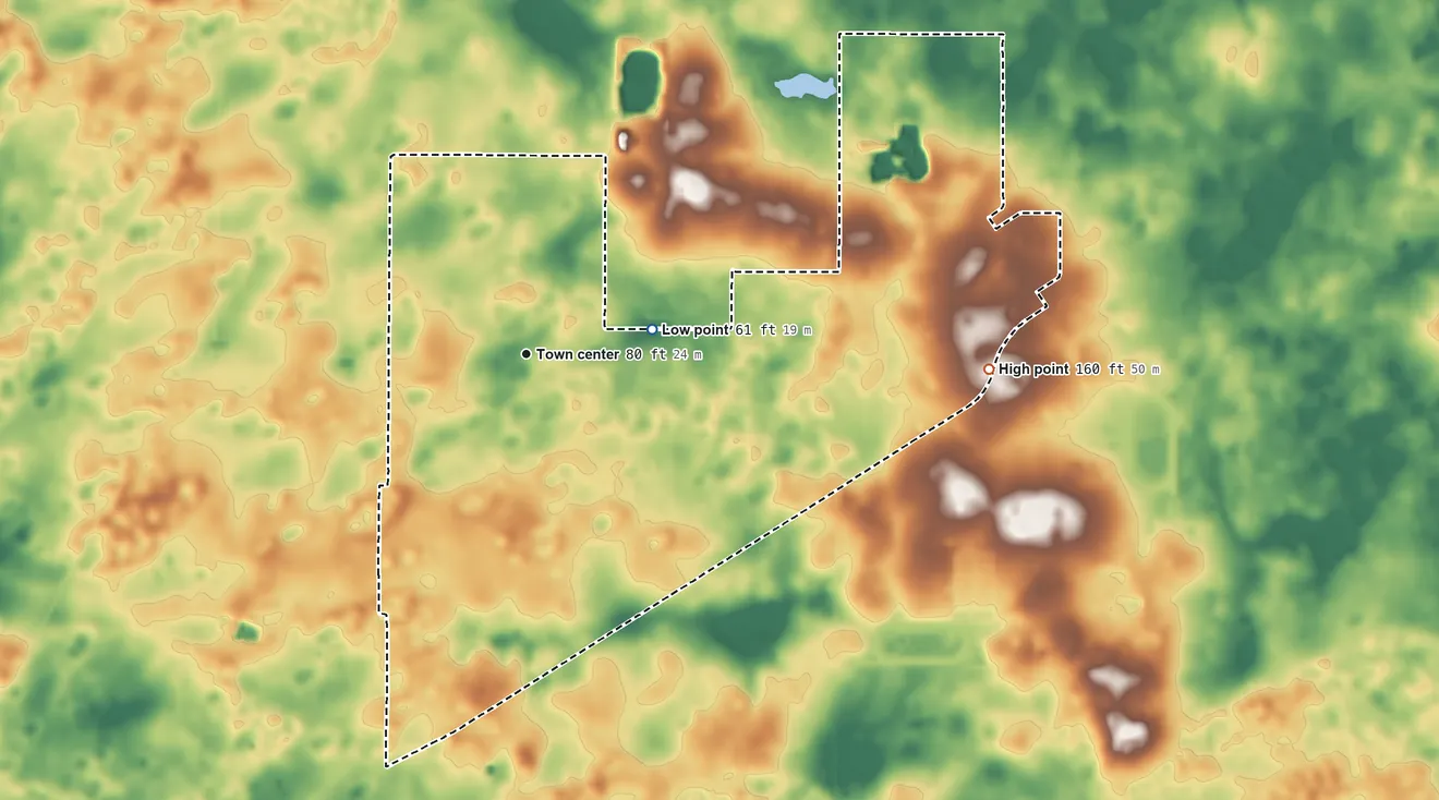 Topographic elevation map of Rainbow Park, Florida, shaded from 61 ft on the east side to 160 ft on the east side