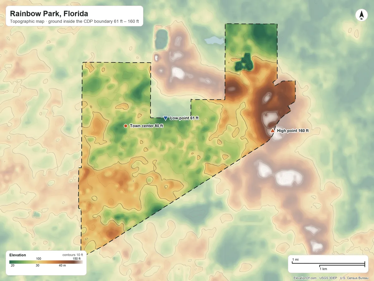 Topographic elevation map of Rainbow Park, Florida, shaded from 61 ft on the east side to 160 ft on the east side