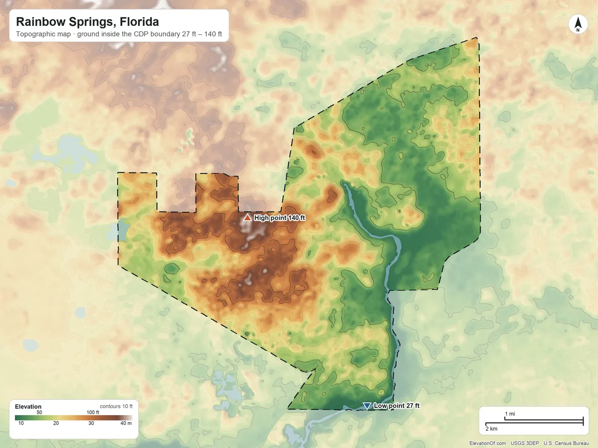 Topographic elevation map of Rainbow Springs, Florida, shaded from 27 ft on the southeast side to 140 ft on the northwest side