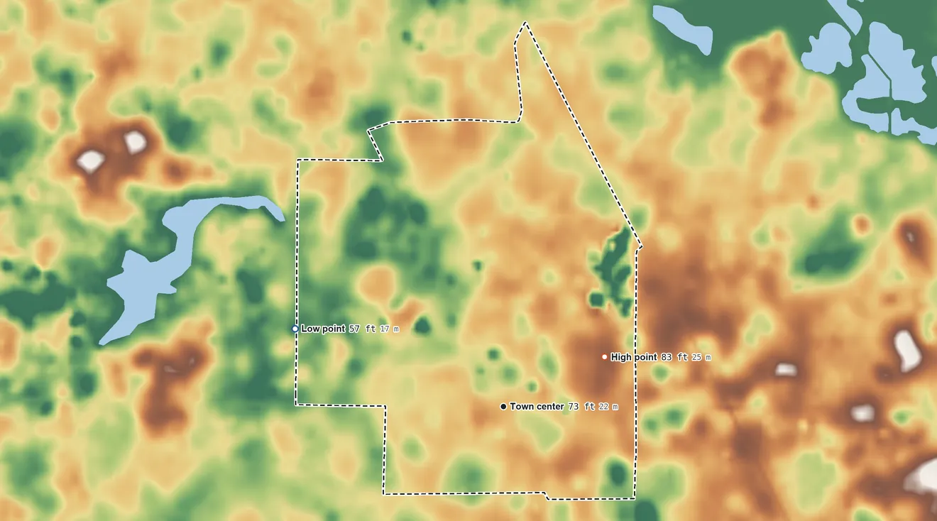 Topographic elevation map of Raleigh, Florida, shaded from 57 ft on the west side to 83 ft on the northeast side