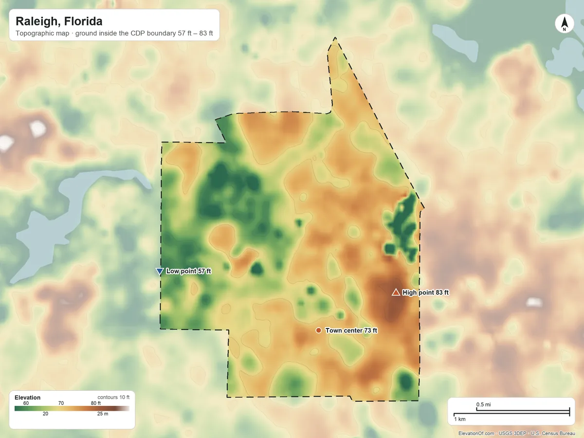Topographic elevation map of Raleigh, Florida, shaded from 57 ft on the west side to 83 ft on the northeast side