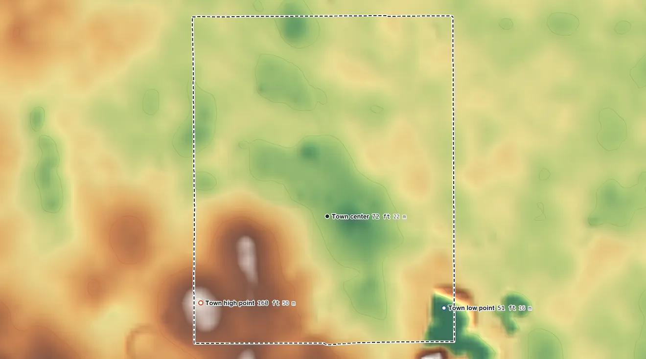 Topographic elevation map of Reddick, Florida, shaded from 51 ft on the southeast side to 160 ft on the southwest side