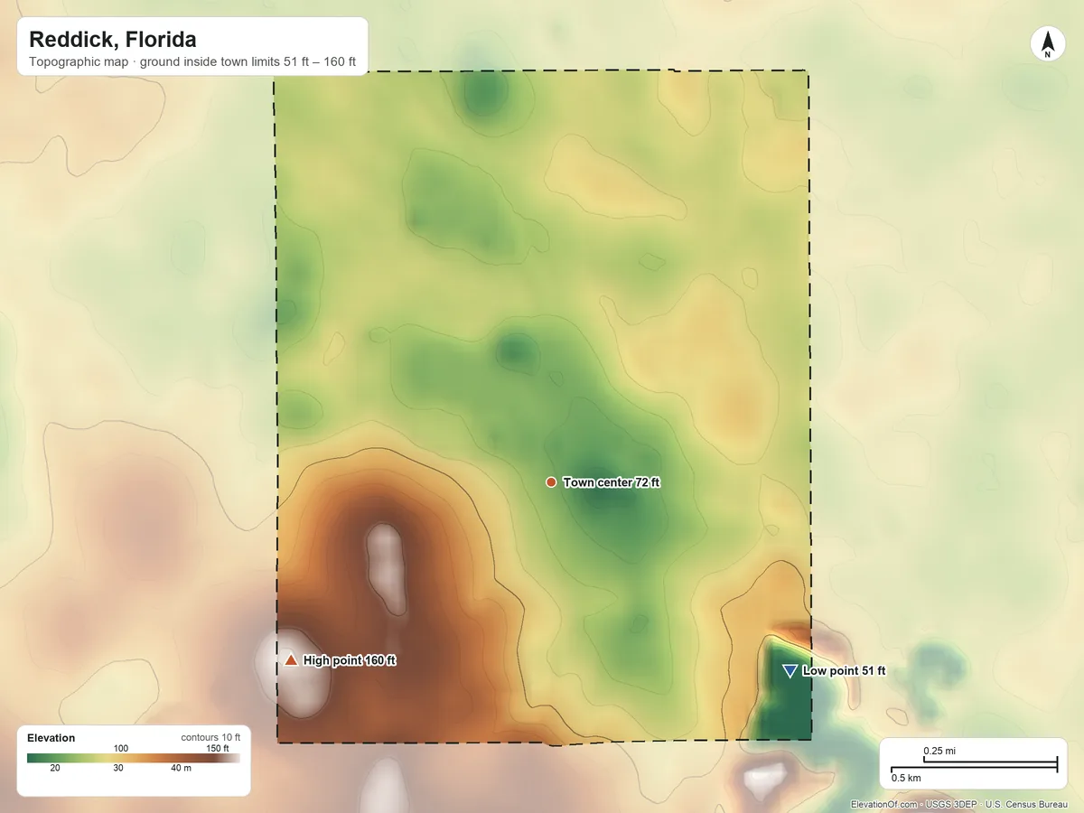 Topographic elevation map of Reddick, Florida, shaded from 51 ft on the southeast side to 160 ft on the southwest side