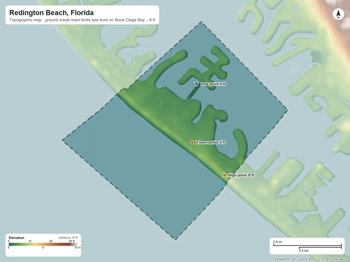 Topographic elevation map of Redington Beach, Florida, shaded from sea level level on Boca Ciega Bay to 8 ft on the southeast side