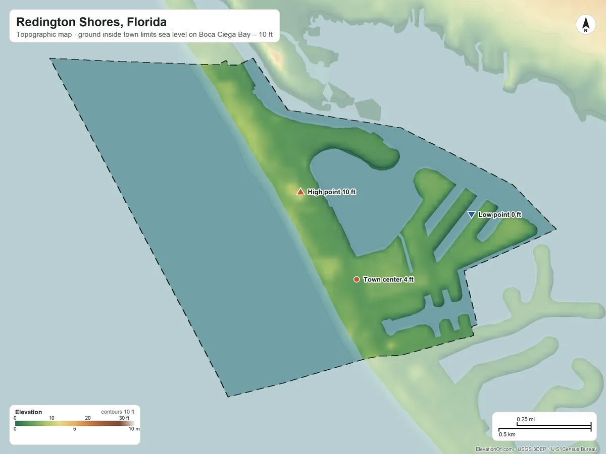 Topographic elevation map of Redington Shores, Florida, shaded from sea level level on Boca Ciega Bay to 10 ft on the northwest side