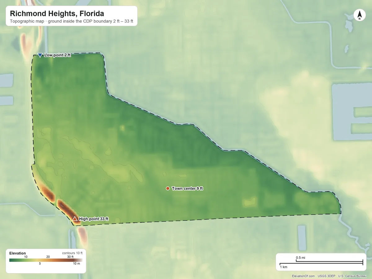 Topographic elevation map of Richmond Heights, Florida, shaded from 2 ft on the northwest side to 33 ft on the west side