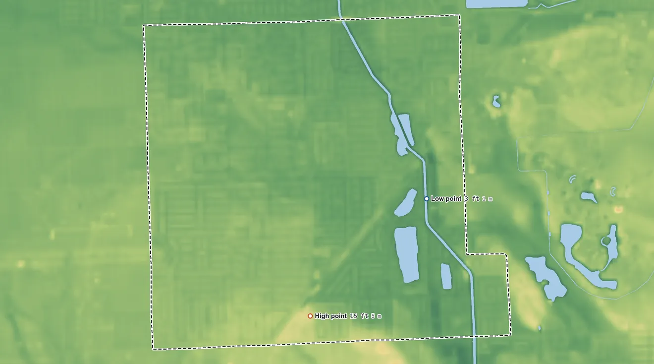 Topographic elevation map of Richmond West, Florida, shaded from 3 ft on the east side to 15 ft on the south side