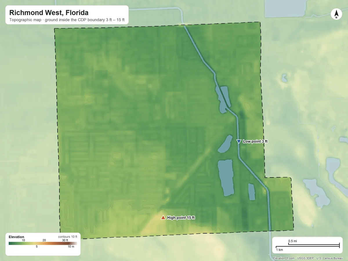 Topographic elevation map of Richmond West, Florida, shaded from 3 ft on the east side to 15 ft on the south side