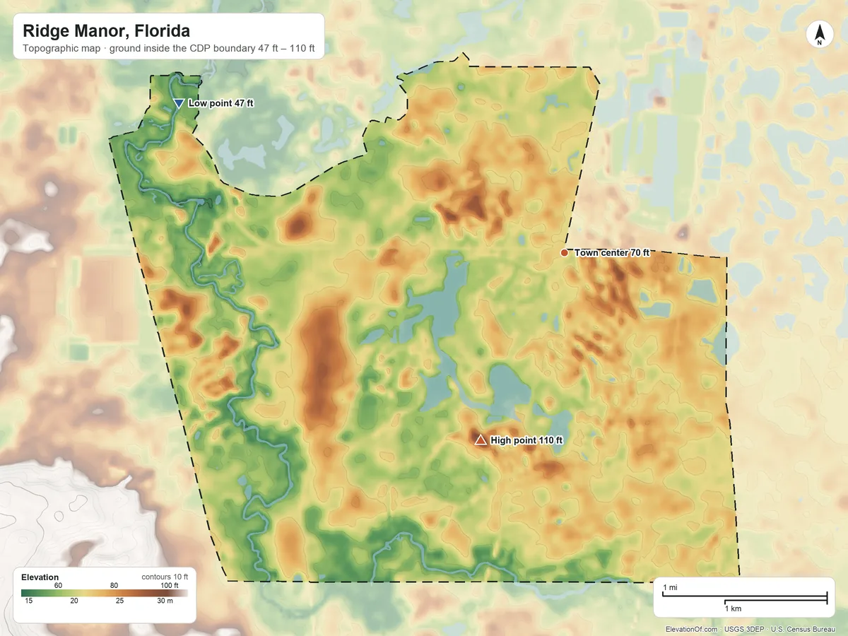 Topographic elevation map of Ridge Manor, Florida, shaded from 47 ft on the west side to 110 ft on the southwest side