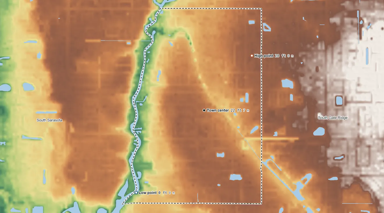 Topographic elevation map of Ridge Wood Heights, Florida, shaded from sea level level on Roberts Bay to 28 ft on the northeast side
