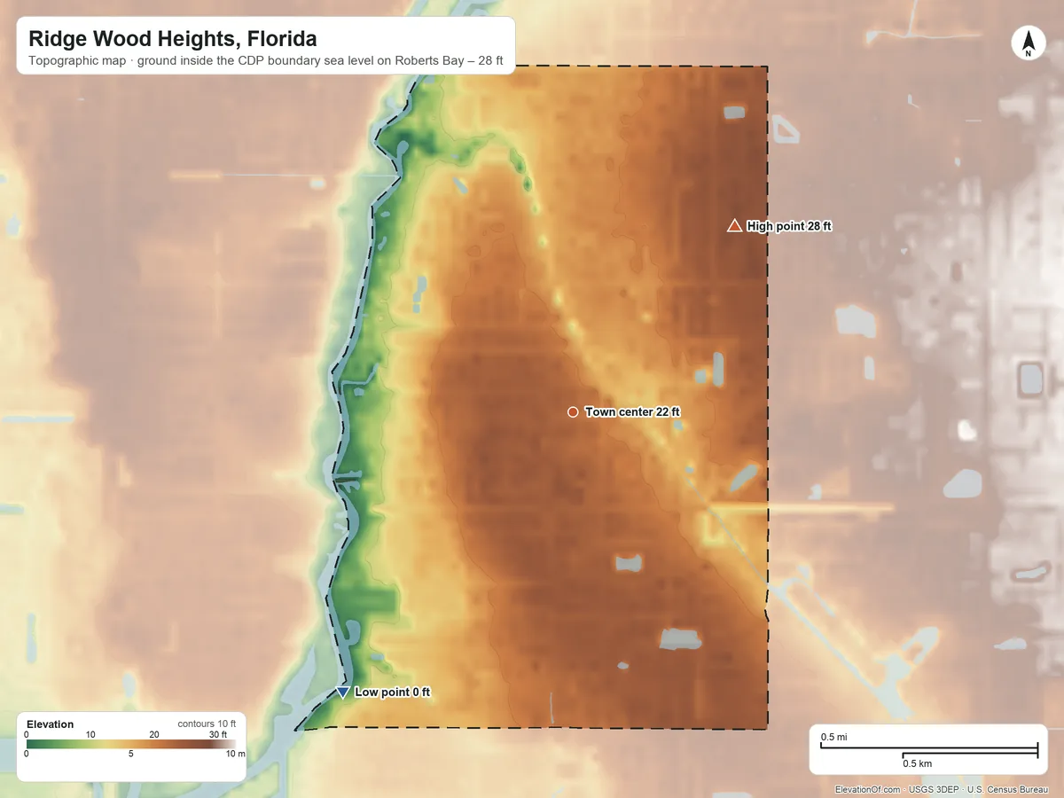 Topographic elevation map of Ridge Wood Heights, Florida, shaded from sea level level on Roberts Bay to 28 ft on the northeast side