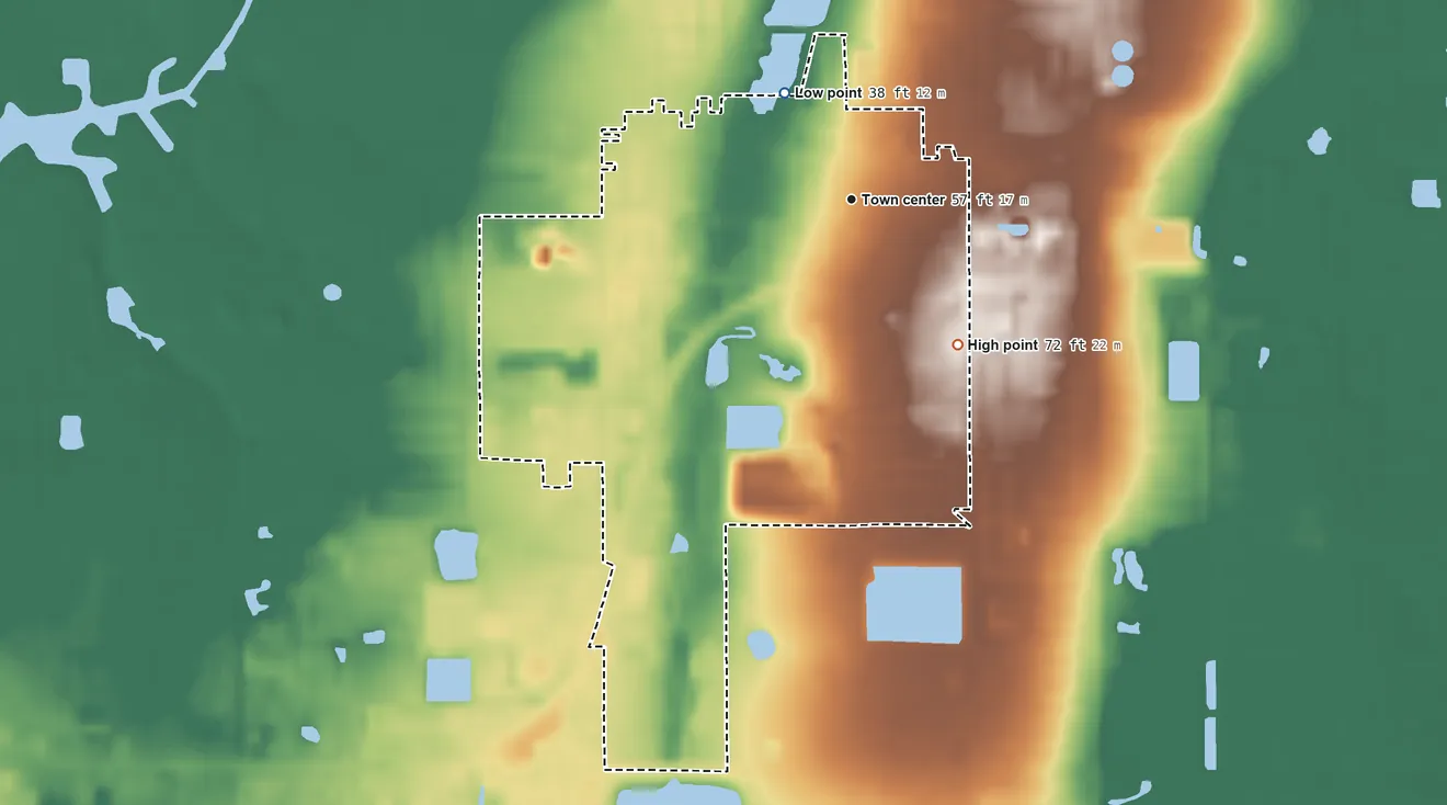 Topographic elevation map of Ridgecrest, Florida, shaded from 38 ft on the northwest side to 72 ft on the southeast side
