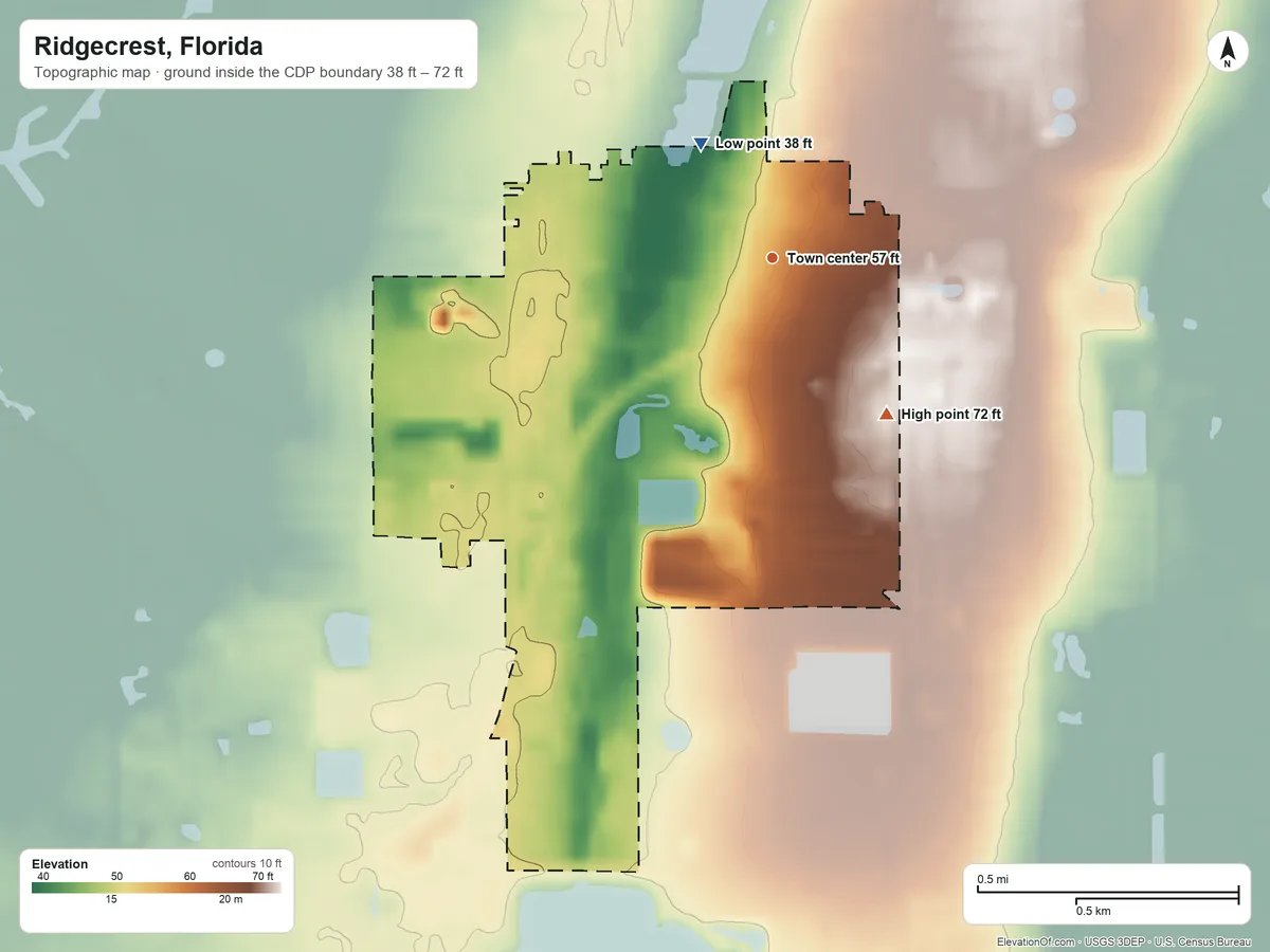 Topographic elevation map of Ridgecrest, Florida, shaded from 38 ft on the northwest side to 72 ft on the southeast side
