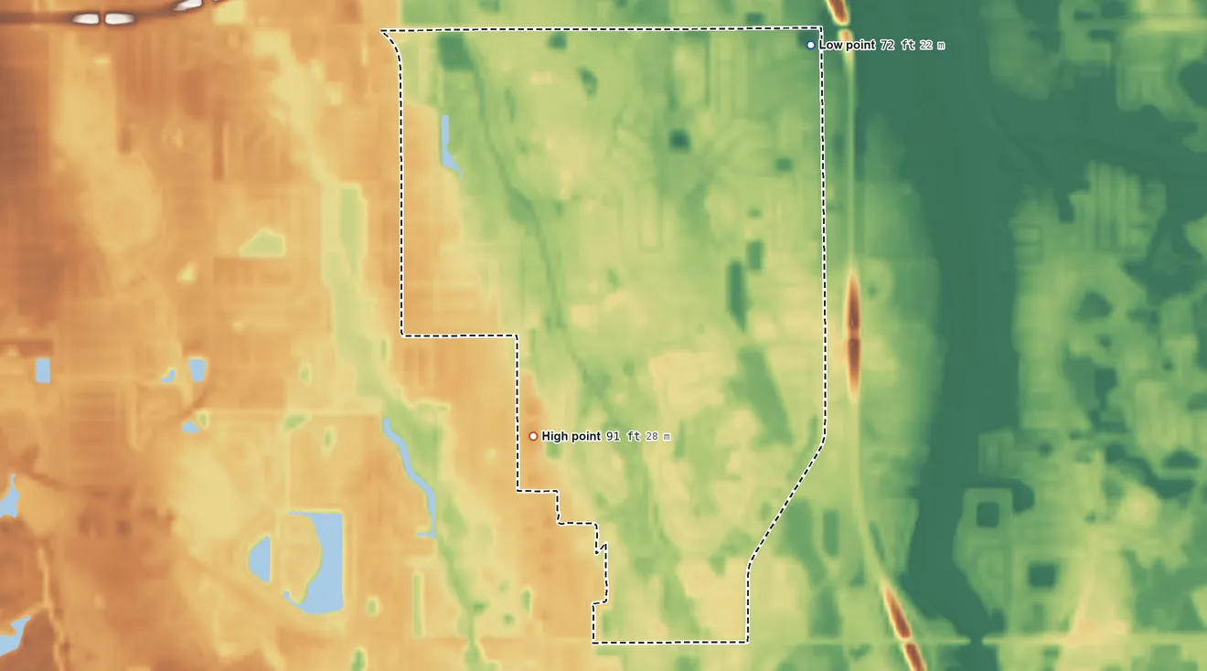 Topographic elevation map of Rio Pinar, Florida, shaded from 72 ft on the northeast side to 91 ft on the southwest side