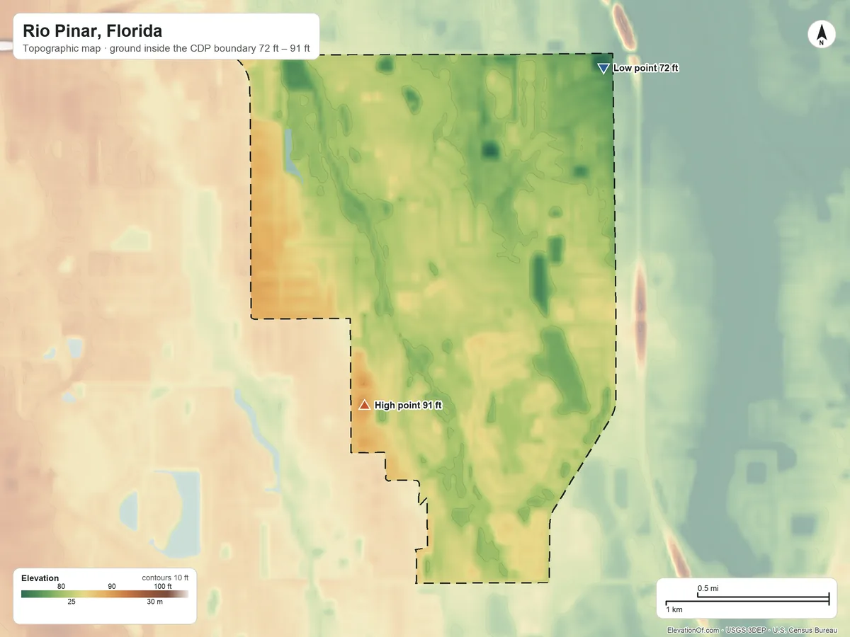 Topographic elevation map of Rio Pinar, Florida, shaded from 72 ft on the northeast side to 91 ft on the southwest side