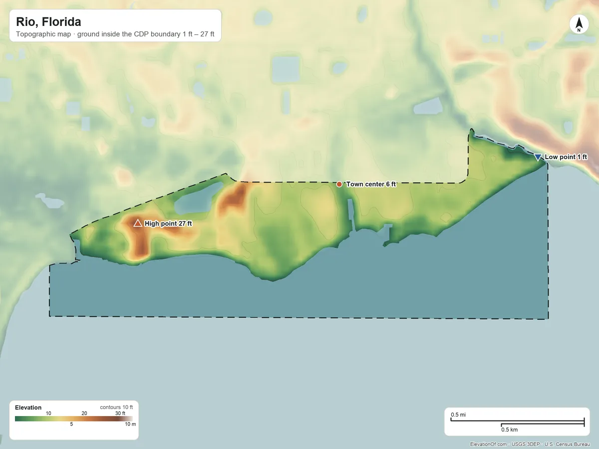 Topographic elevation map of Rio, Florida, shaded from 1 ft on the east side to 27 ft on the west side