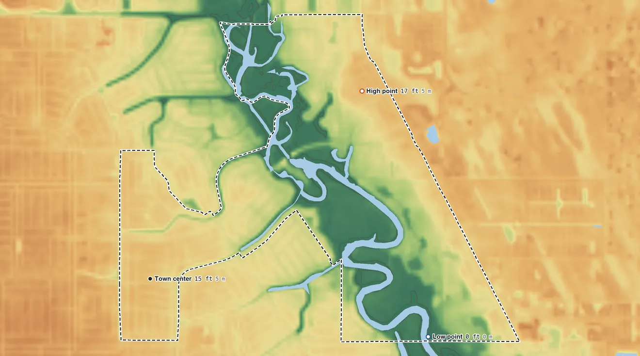 Topographic elevation map of River Park, Florida, shaded from 0 ft on the east side to 17 ft on the northeast side