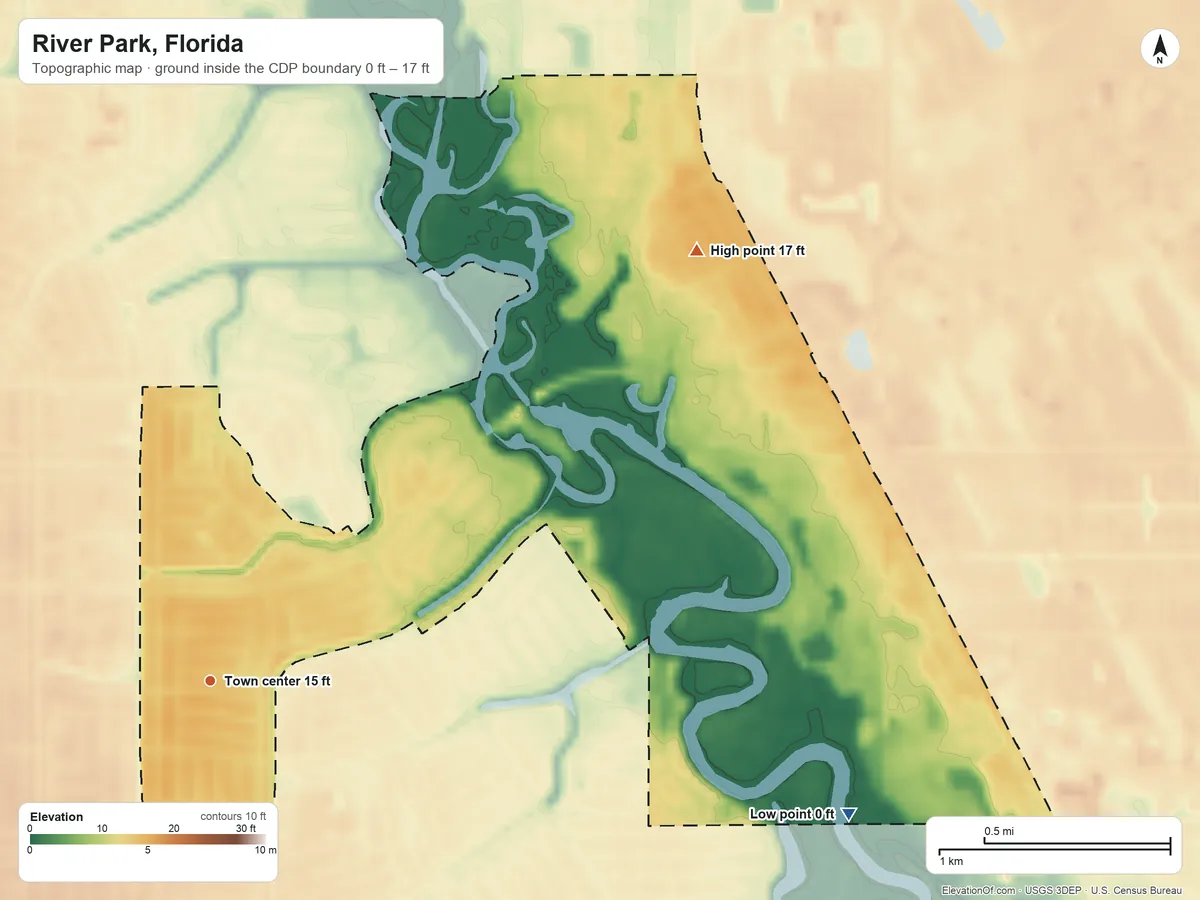 Topographic elevation map of River Park, Florida, shaded from 0 ft on the east side to 17 ft on the northeast side
