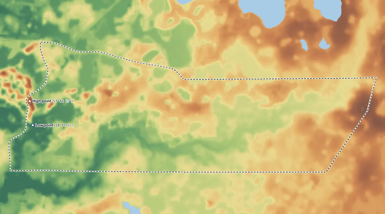 Topographic elevation map of River Ridge, Florida, shaded from 18 ft on the west side to 57 ft on the west side