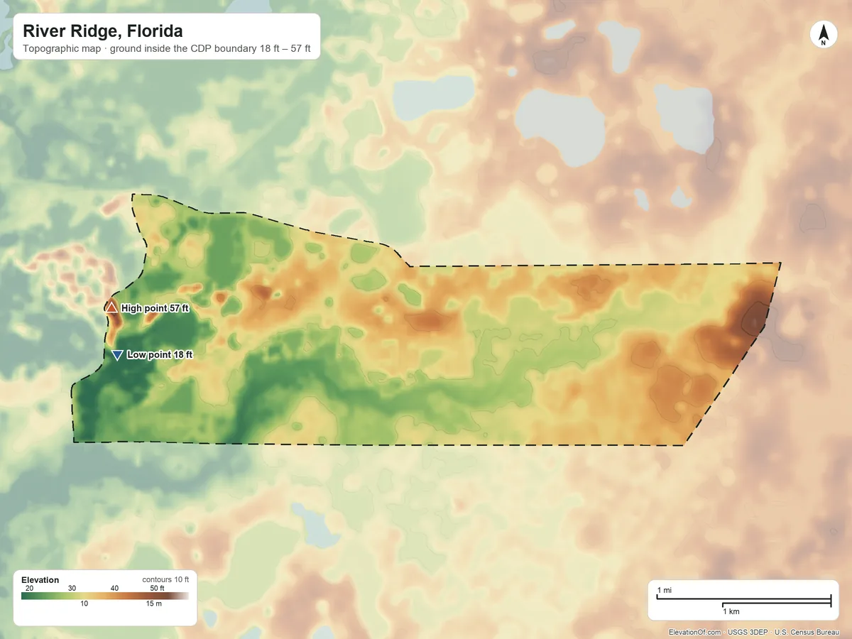 Topographic elevation map of River Ridge, Florida, shaded from 18 ft on the west side to 57 ft on the west side