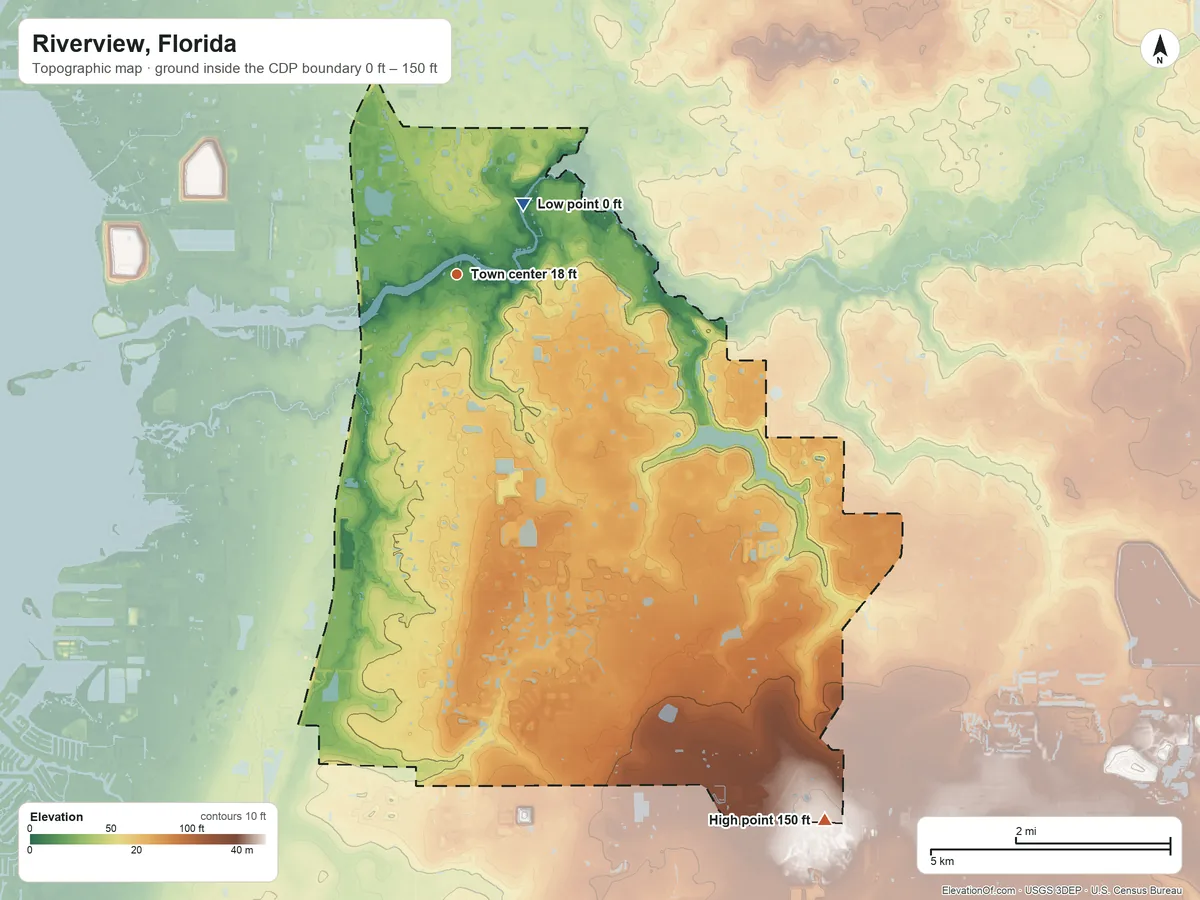 Topographic elevation map of Riverview, Florida, shaded from 0 ft on the northeast side to 150 ft on the southeast side