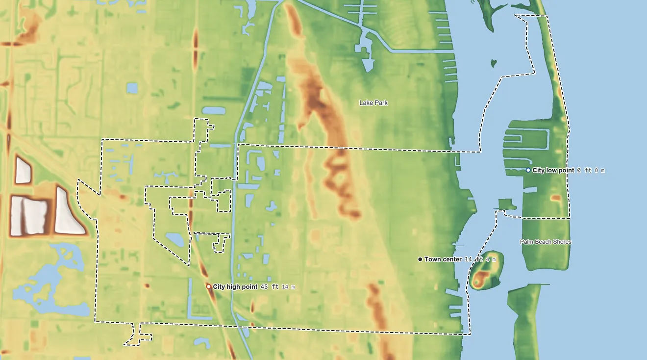 Topographic elevation map of Riviera Beach, Florida, shaded from sea level level on the Atlantic Ocean to 45 ft on the west side
