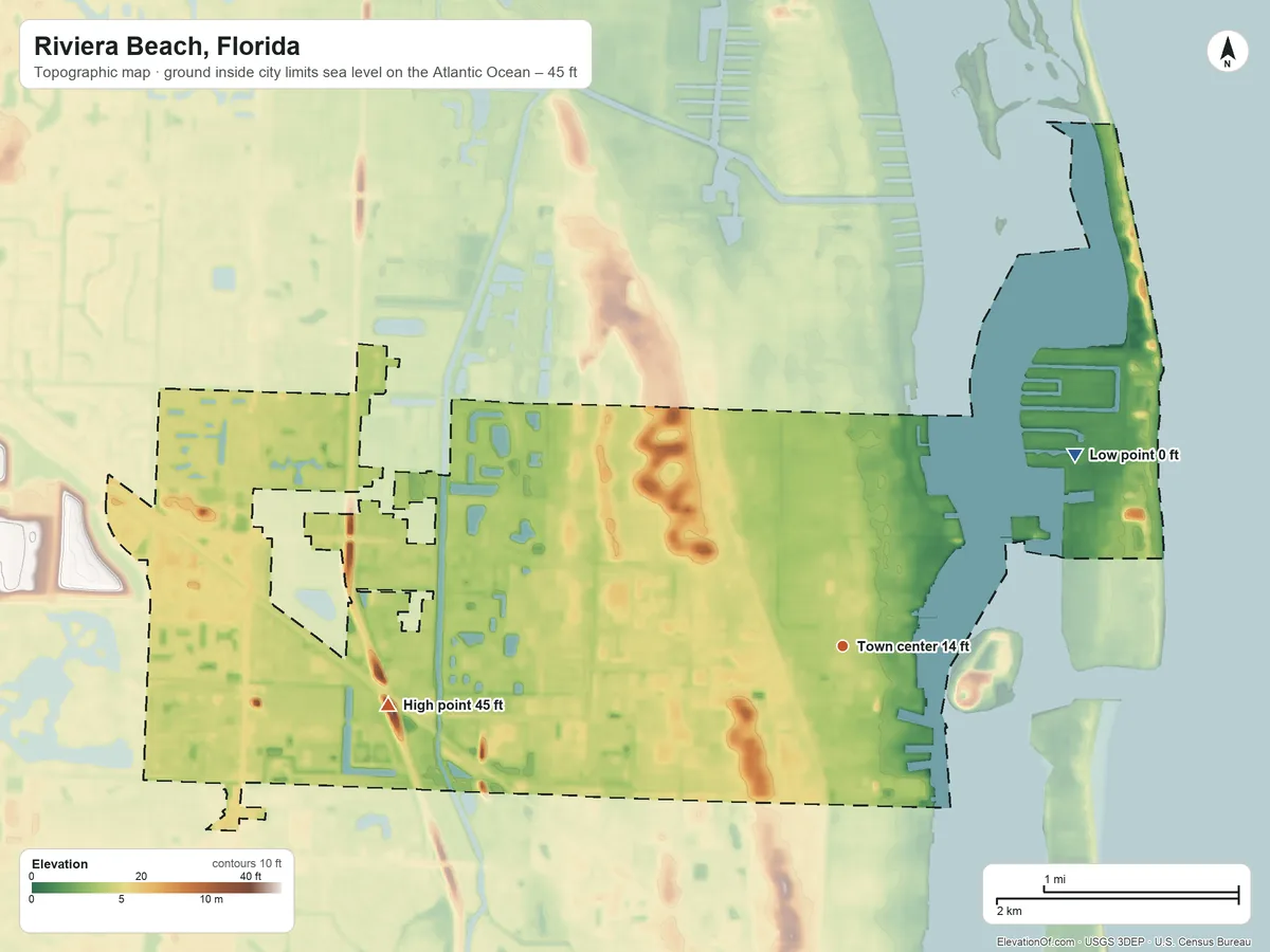 Topographic elevation map of Riviera Beach, Florida, shaded from sea level level on the Atlantic Ocean to 45 ft on the west side