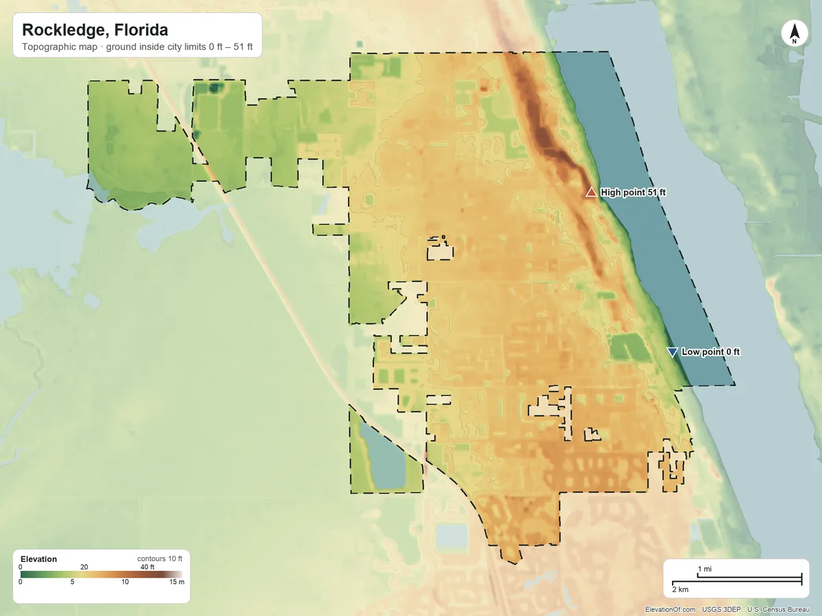 Topographic elevation map of Rockledge, Florida, shaded from 0 ft on the east side to 51 ft on the northeast side