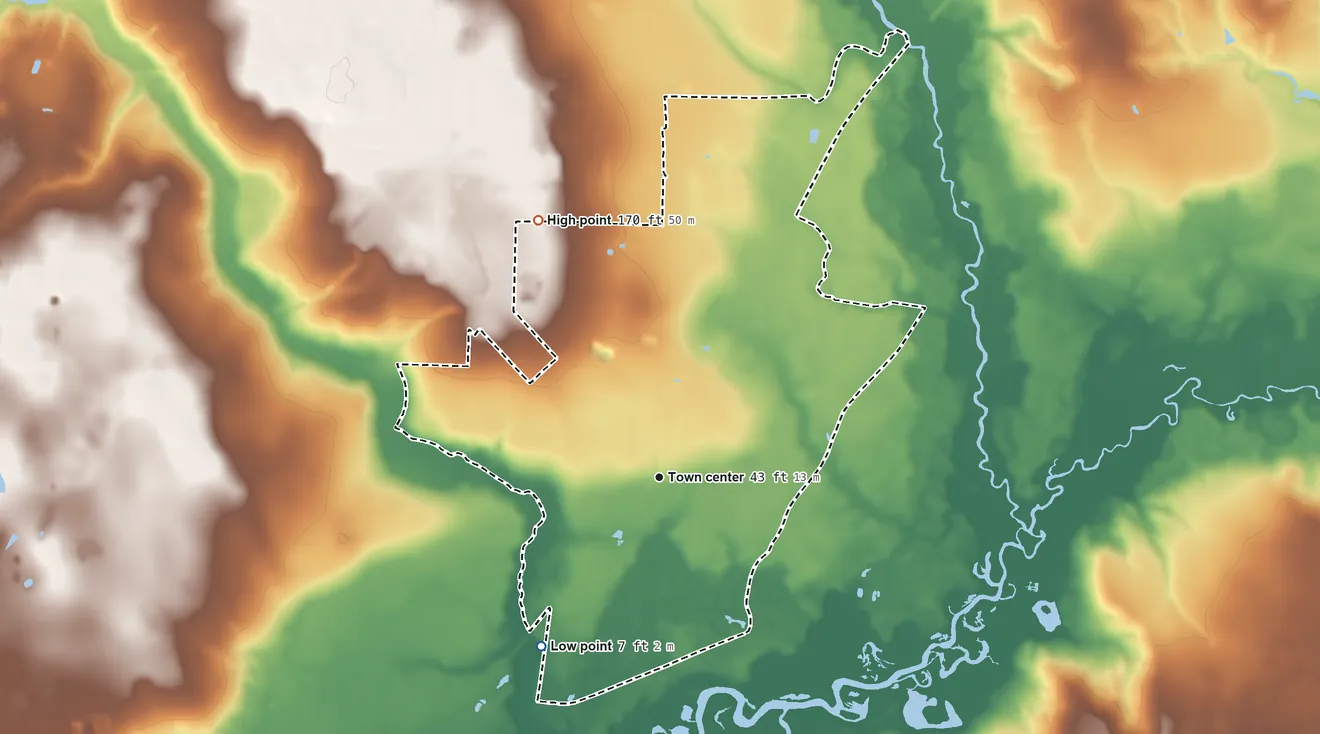 Topographic elevation map of Roeville, Florida, shaded from 7 ft on the southwest side to 170 ft on the northwest side