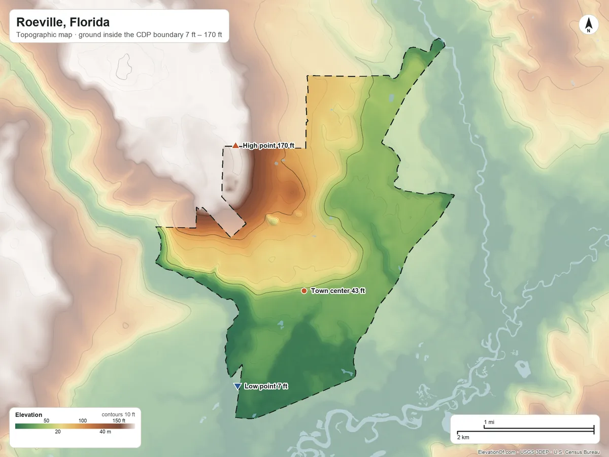 Topographic elevation map of Roeville, Florida, shaded from 7 ft on the southwest side to 170 ft on the northwest side