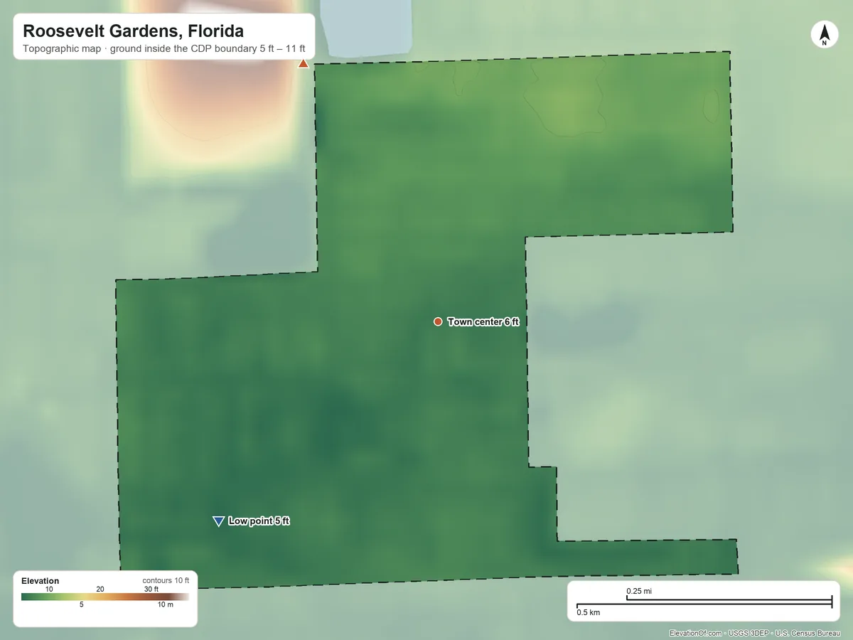 Topographic elevation map of Roosevelt Gardens, Florida, shaded from 5 ft on the southwest side to 11 ft on the northwest side