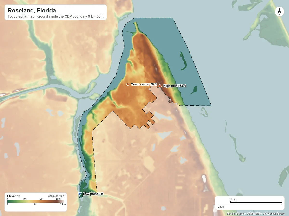 Topographic elevation map of Roseland, Florida, shaded from 0 ft on the southwest side to 33 ft on the east side