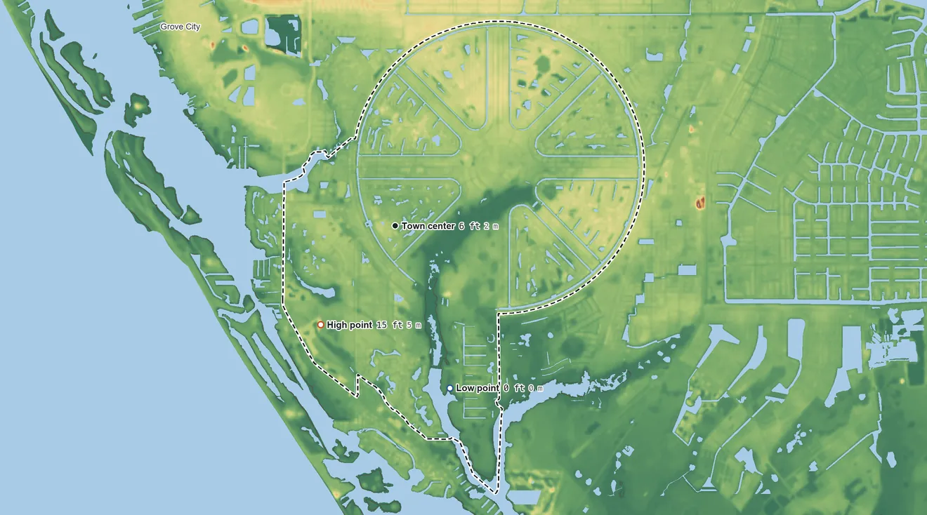 Topographic elevation map of Rotonda, Florida, shaded from sea level level on the Gulf of America to 15 ft on the southwest side