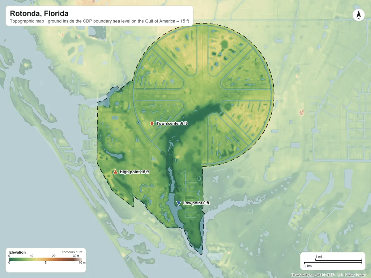 Topographic elevation map of Rotonda, Florida, shaded from sea level level on the Gulf of America to 15 ft on the southwest side