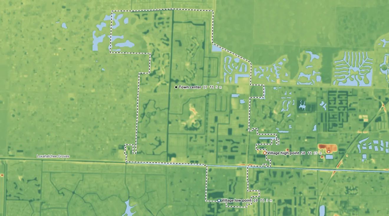 Topographic elevation map of Royal Palm Beach, Florida, shaded from 10 ft on the south side to 50 ft on the southeast side