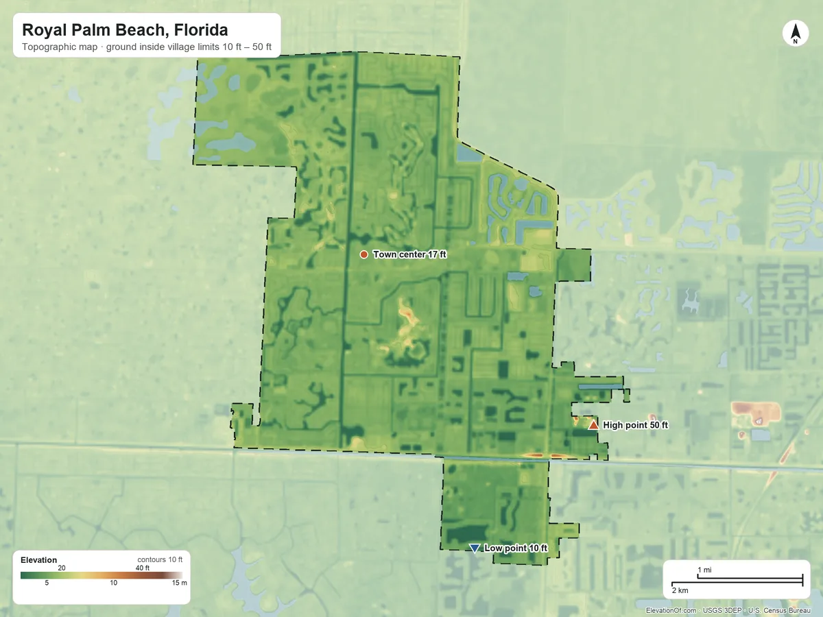 Topographic elevation map of Royal Palm Beach, Florida, shaded from 10 ft on the south side to 50 ft on the southeast side