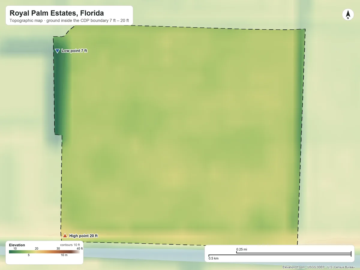 Topographic elevation map of Royal Palm Estates, Florida, shaded from 7 ft on the northwest side to 20 ft on the southwest side