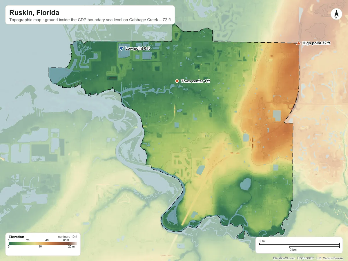 Topographic elevation map of Ruskin, Florida, shaded from sea level level on Cabbage Creek to 72 ft on the east side