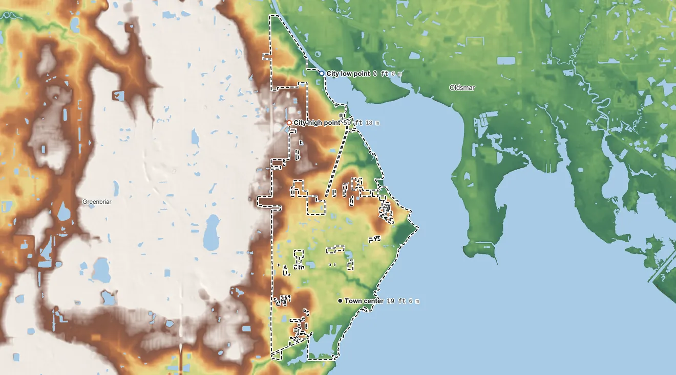Topographic elevation map of Safety Harbor, Florida, shaded from sea level level on Safety Harbor to 59 ft on the north side