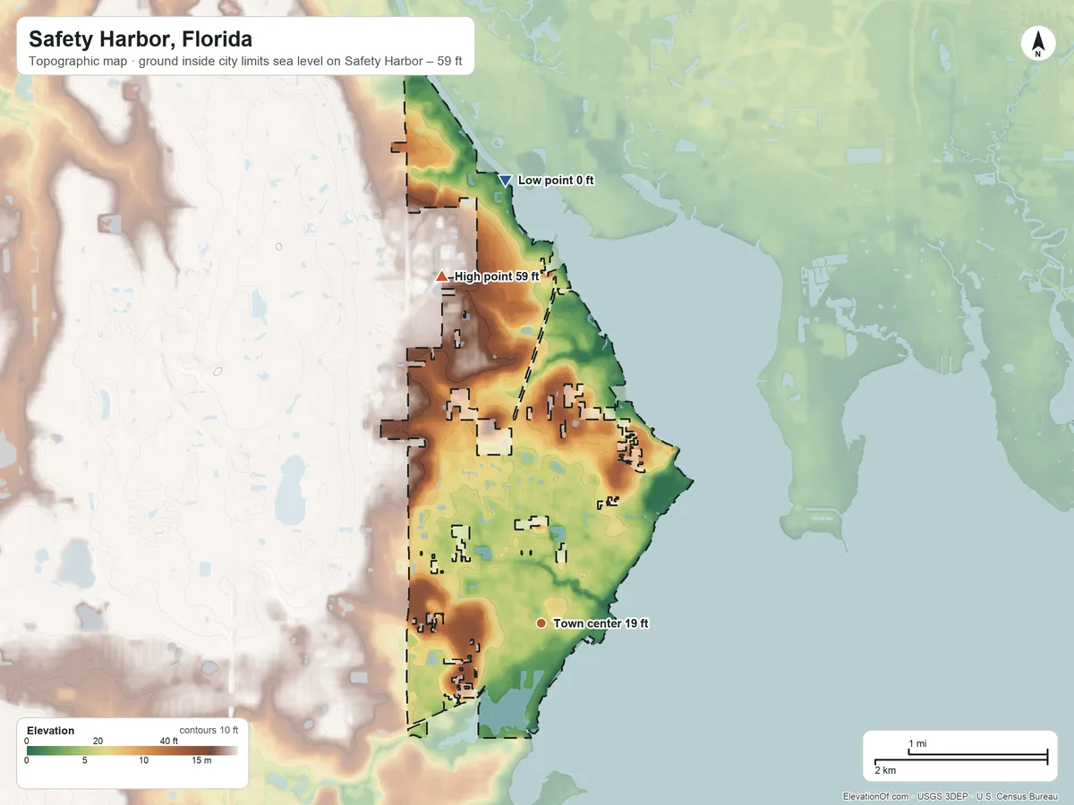 Topographic elevation map of Safety Harbor, Florida, shaded from sea level level on Safety Harbor to 59 ft on the north side